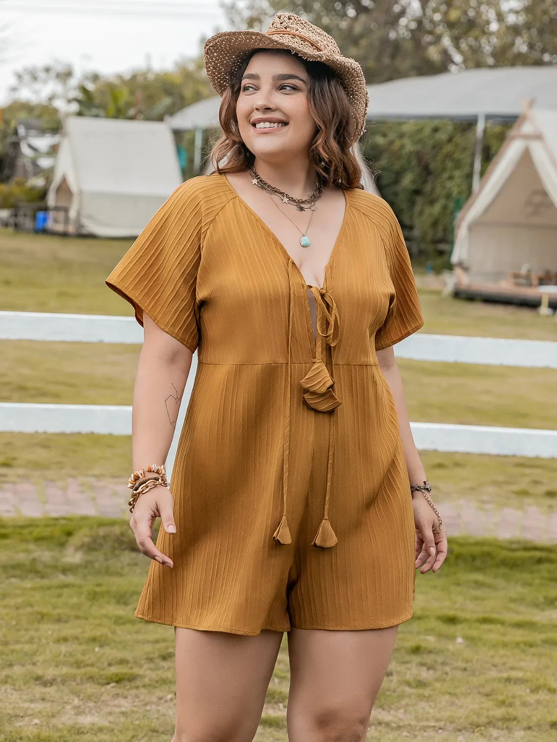 Plus Size V-Neck Short Sleeve Romper-Get You Some Sun