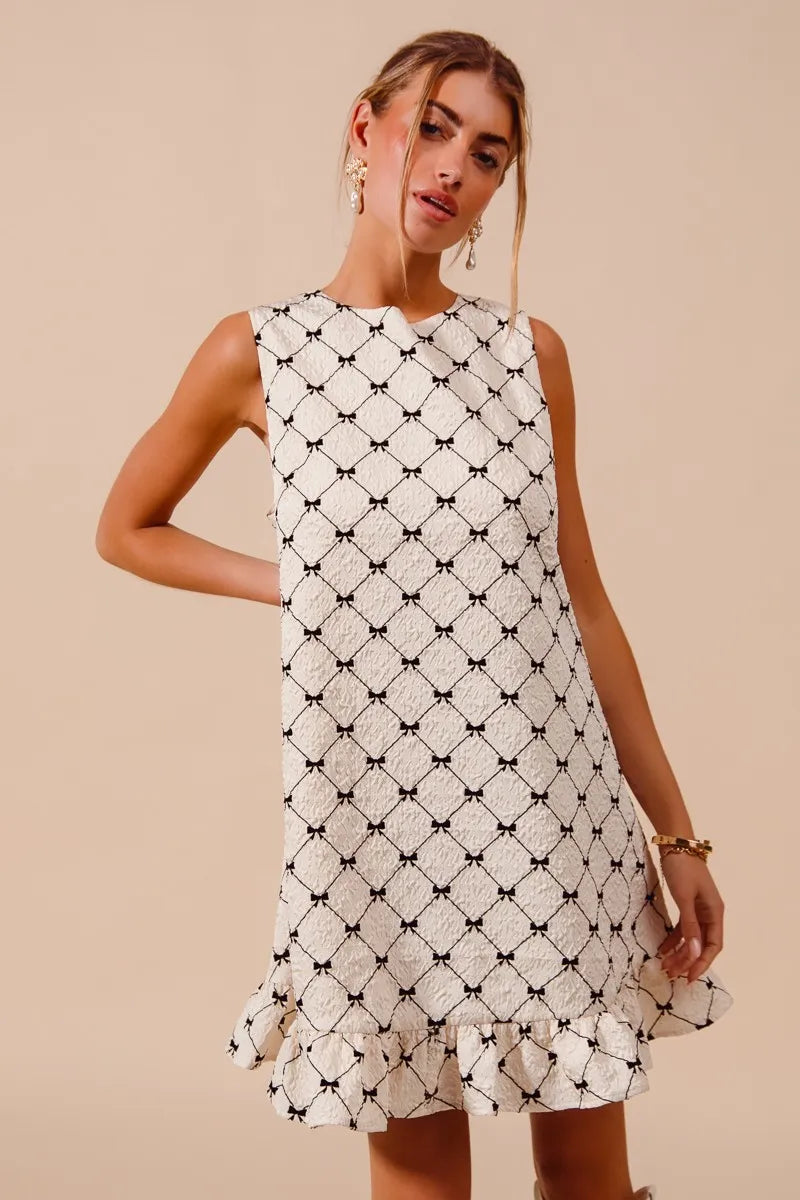 SO ME Texture Bow Printed Mini Ruffle Dress-Get You Some Sun