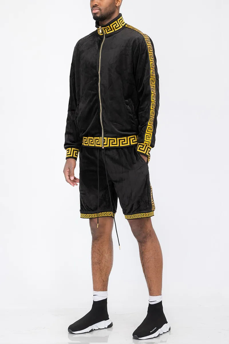 WEIV Men's Full Size Velour Zip Up Jacket and Shorts Set