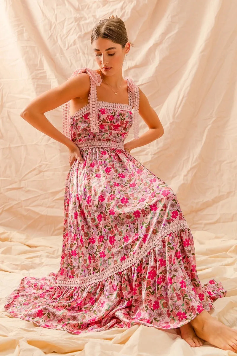 SO ME Floral Maxi Dress With Ribbon Tie Lace Strap-