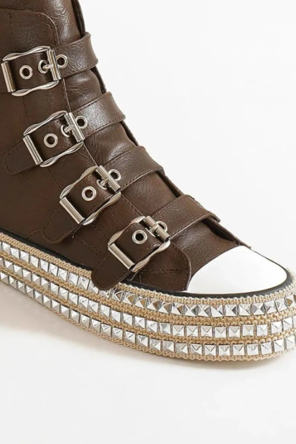 Beast Fashion Multi-Buckle Straps Studded Platform Sneakers-