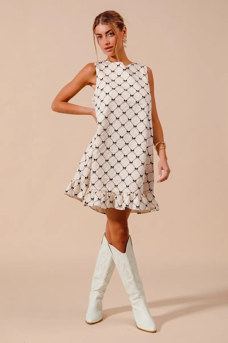 SO ME Texture Bow Printed Mini Ruffle Dress-Get You Some Sun