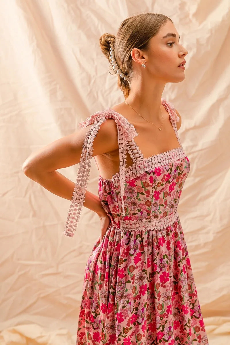 SO ME Floral Maxi Dress With Ribbon Tie Lace Strap-