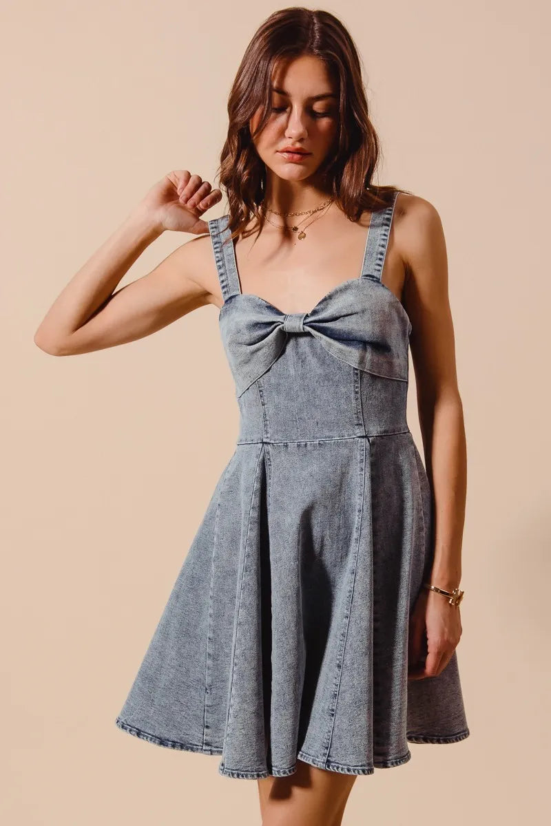 SO ME Mineral Washed Bow Ribbon Denim Flare Dress-