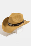 Fame Studded Bull Head Strap Straw Western Cowboy Hat-