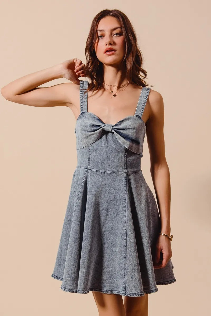 SO ME Mineral Washed Bow Ribbon Denim Flare Dress-