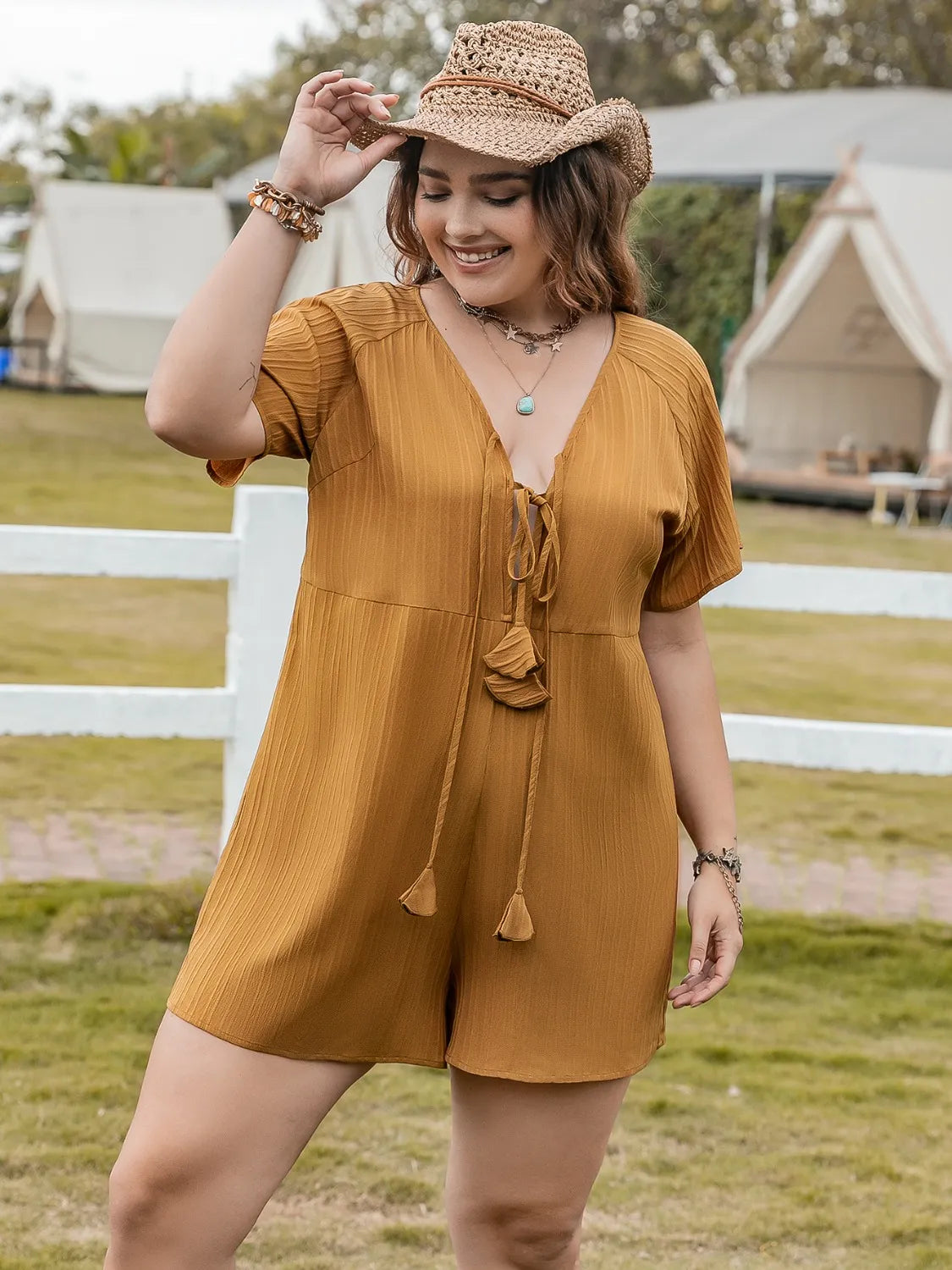 Plus Size V-Neck Short Sleeve Romper-Get You Some Sun