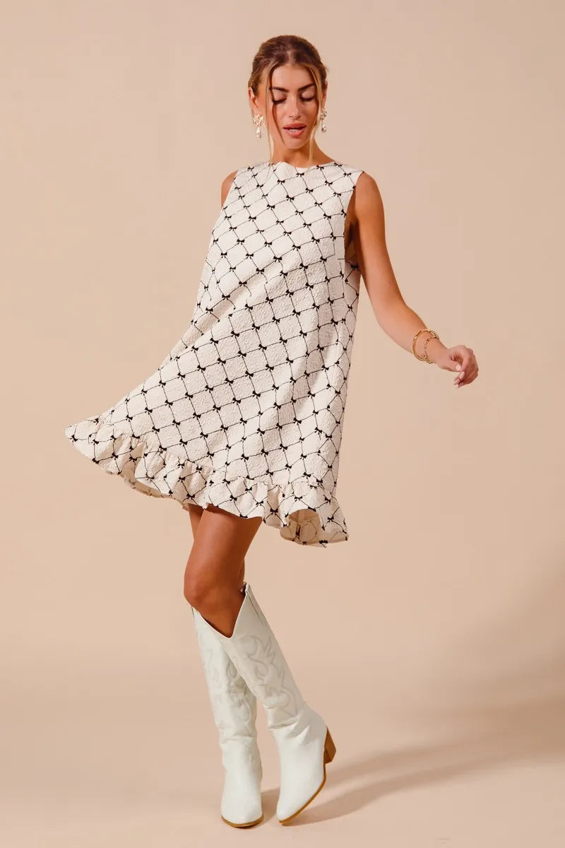 SO ME Texture Bow Printed Mini Ruffle Dress-Get You Some Sun