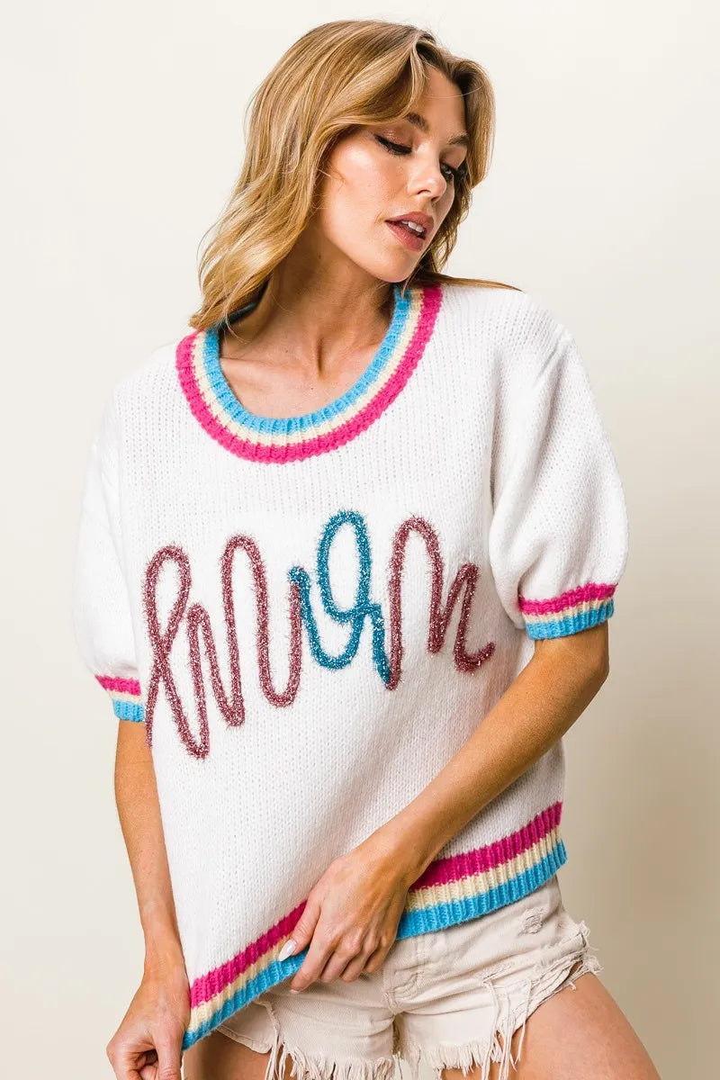 BiBi Metallic Letter Short Puff Sleeve Sweater-