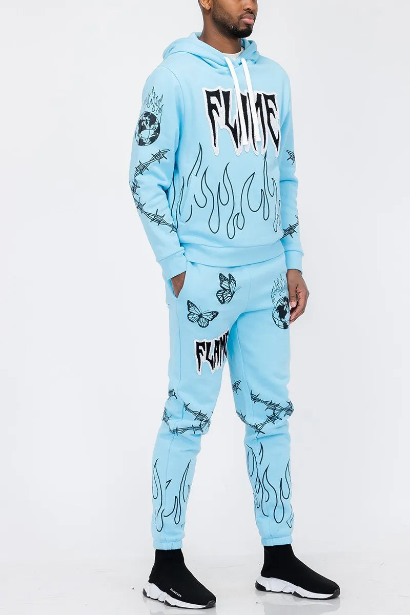 Men's Full Size Flame Fire Chenille Hoodie and Pants Set