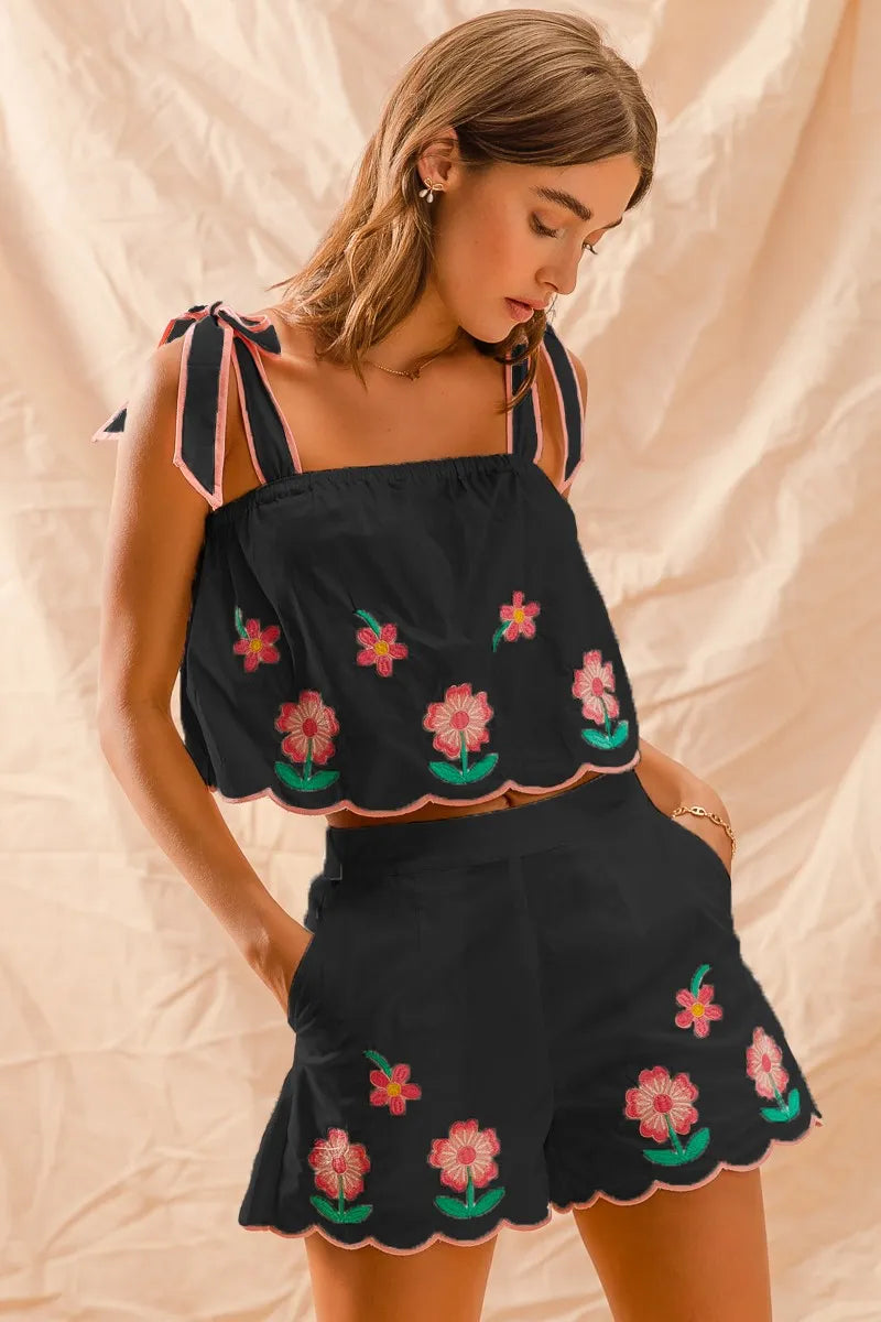 SO ME Flower Embroidered Tank Top and Shorts Set-