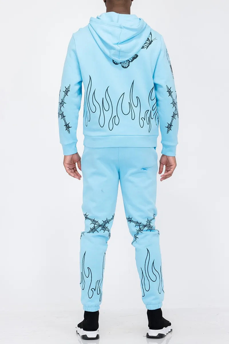 Men's Full Size Flame Fire Chenille Hoodie and Pants Set