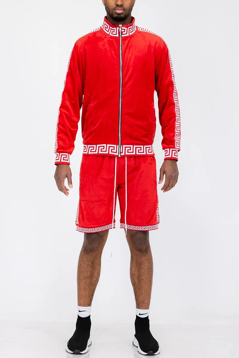 WEIV Men's Full Size Velour Zip Up Jacket and Shorts Set