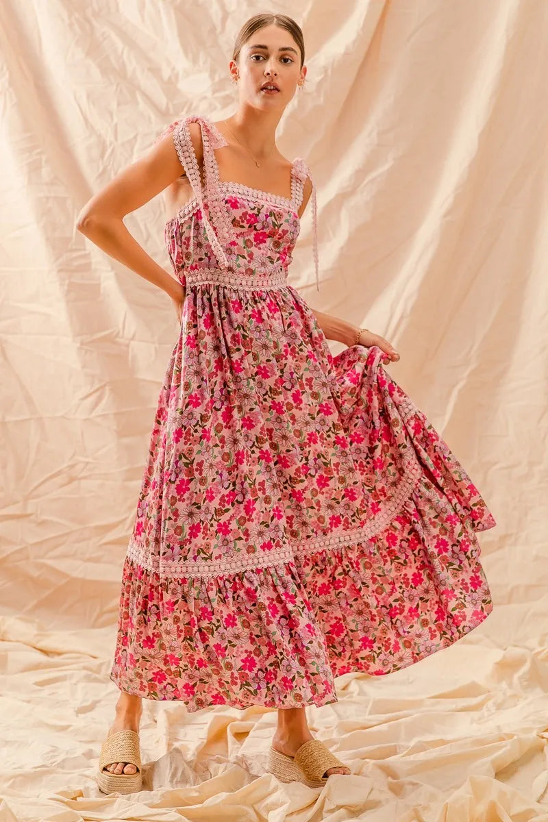 SO ME Floral Maxi Dress With Ribbon Tie Lace Strap-