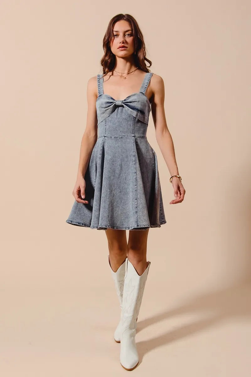 SO ME Mineral Washed Bow Ribbon Denim Flare Dress-