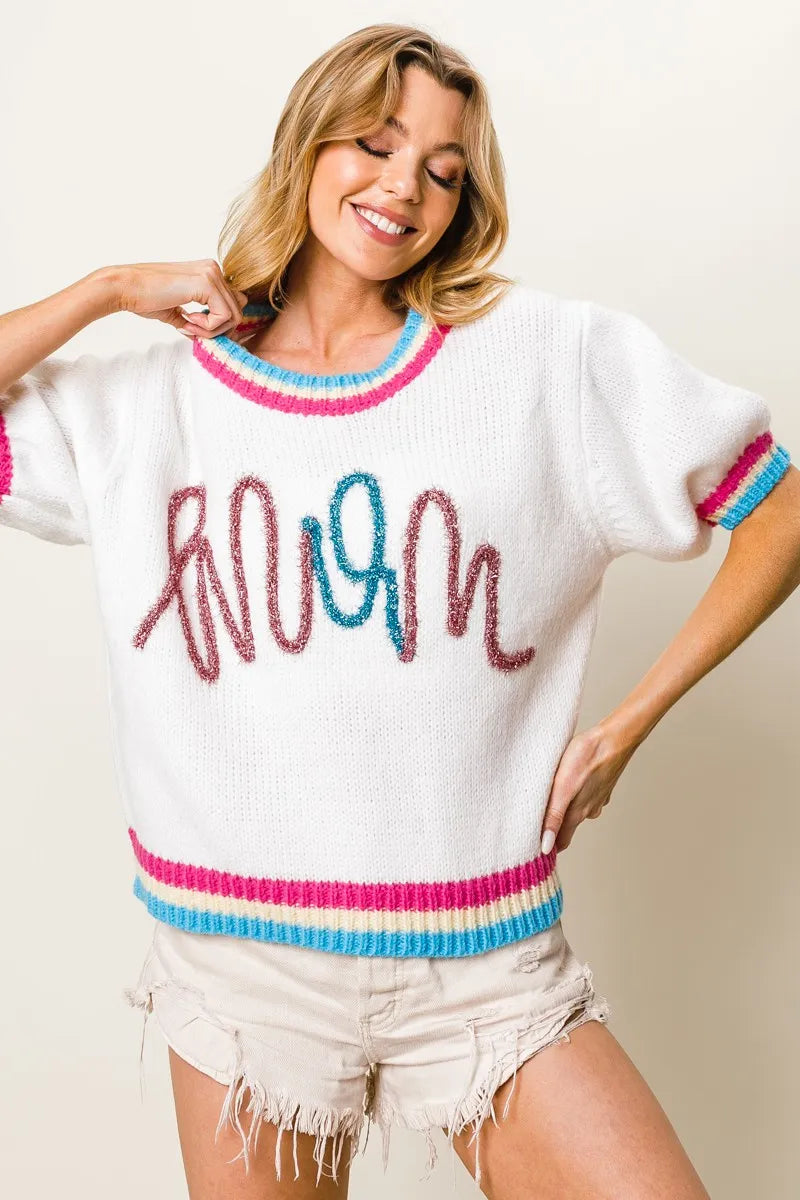 BiBi Metallic Letter Short Puff Sleeve Sweater-