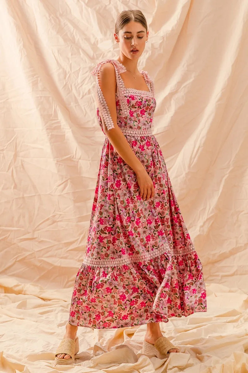 SO ME Floral Maxi Dress With Ribbon Tie Lace Strap-