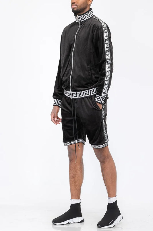 WEIV Men's Full Size Velour Zip Up Jacket and Shorts Se