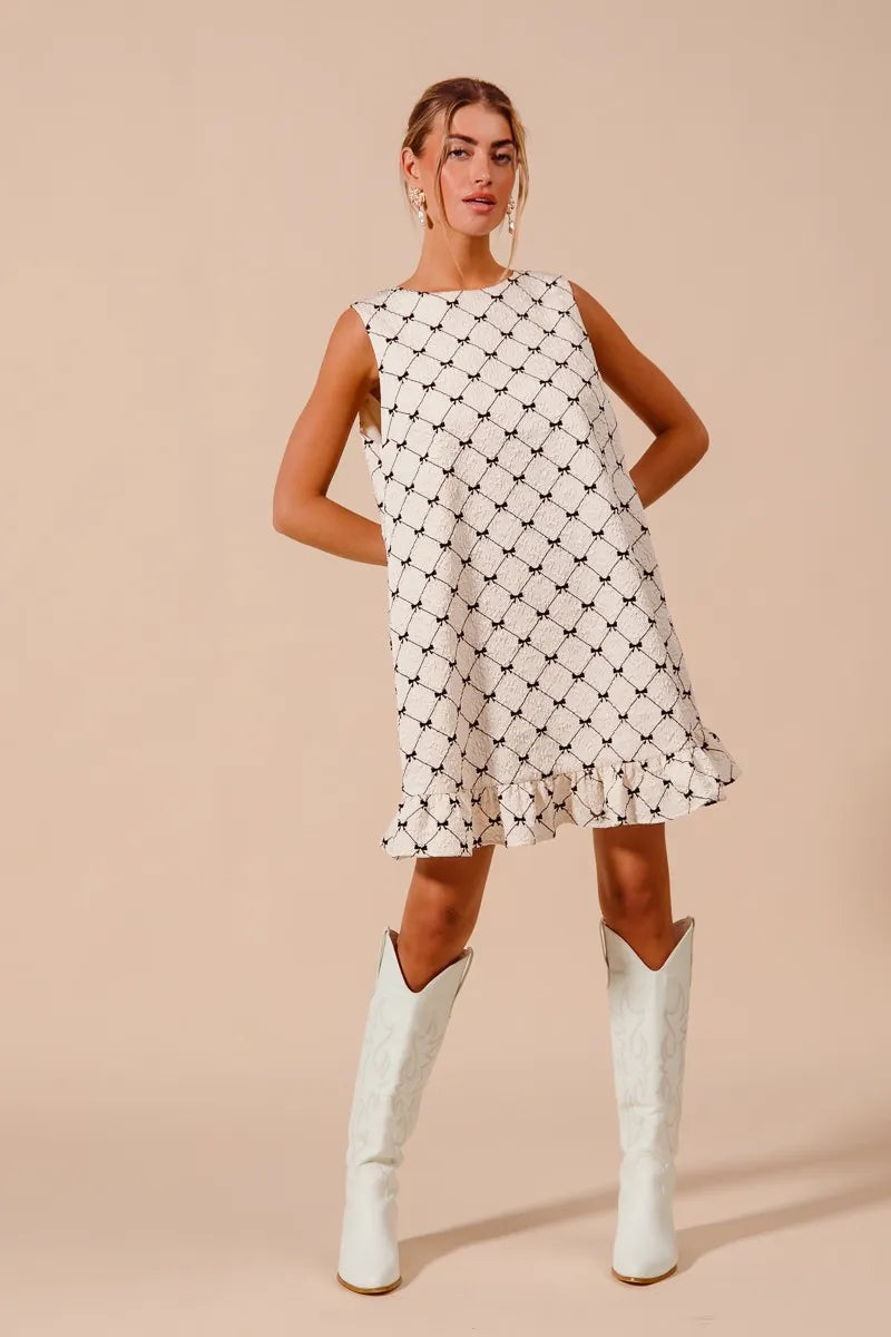 SO ME Texture Bow Printed Mini Ruffle Dress-Get You Some Sun