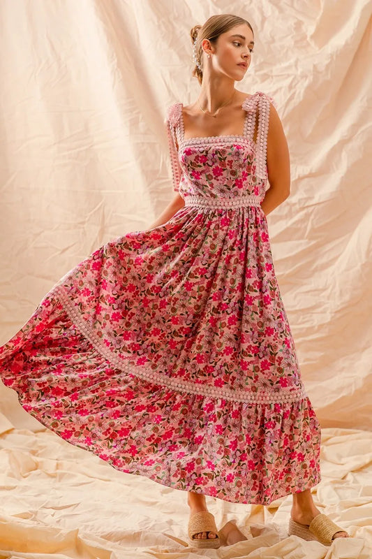 SO ME Floral Maxi Dress With Ribbon Tie Lace Strap-