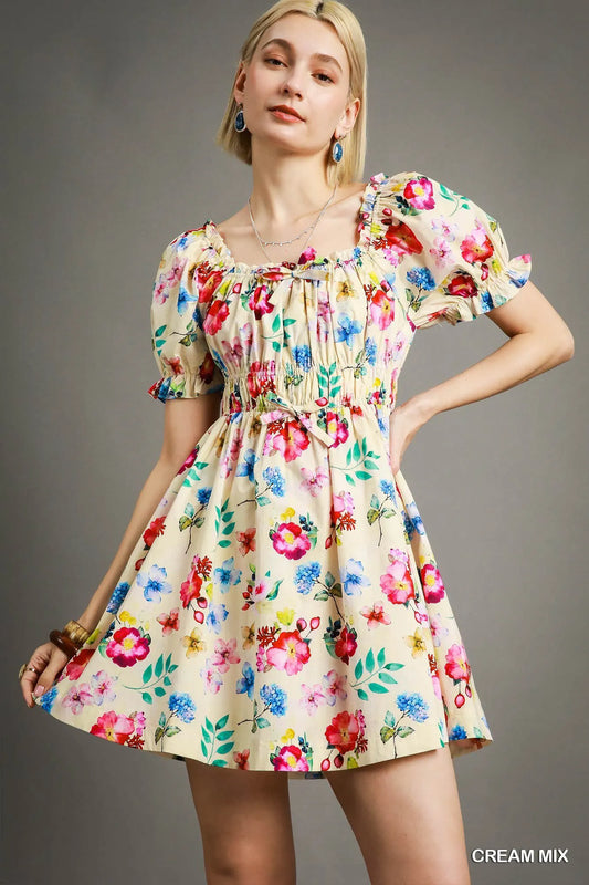 Umgee Floral Print Puff Sleeve Mini Dress-Get You Some Sun