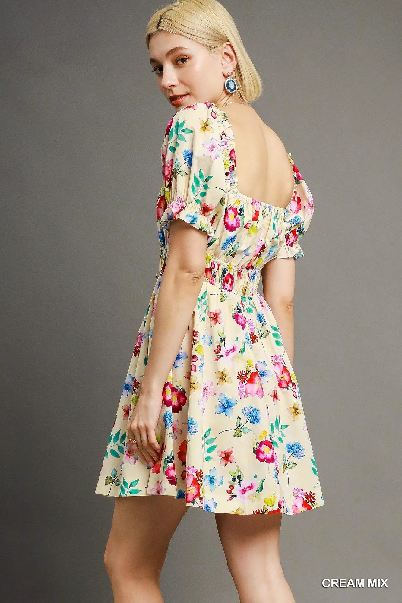 Umgee Floral Print Puff Sleeve Mini Dress-Get You Some Sun