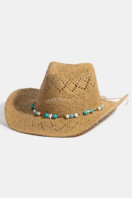 Fame Turquoise and Shell Star Beads Strap Western Straw Hat-
