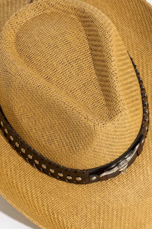Fame Studded Bull Head Strap Straw Western Cowboy Hat-