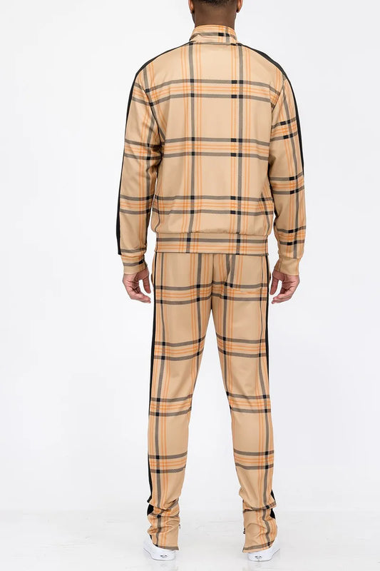  Full Size Plaid Checkered Zip Up Track Jacket and Pants Set