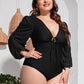 Plus Size Tied Deep V Balloon Sleeve One-Piece Swimsuit-