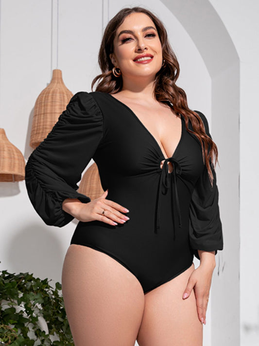 Plus Size Tied Deep V Balloon Sleeve One-Piece Swimsuit-
