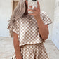 Brown Checkerboard T Shirt and High Waist Skorts 