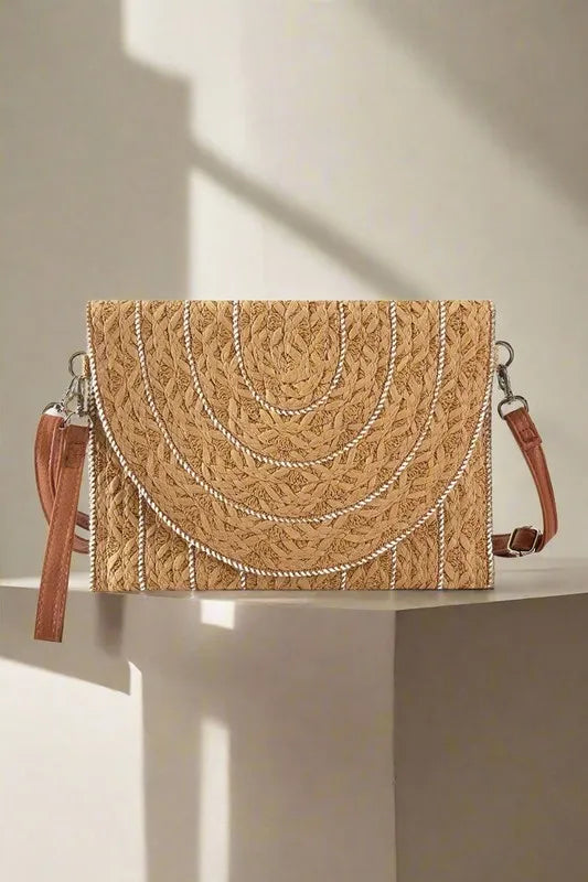 Fame Stitch Detailed Straw Crossbody Bag-Get You Some Sun
