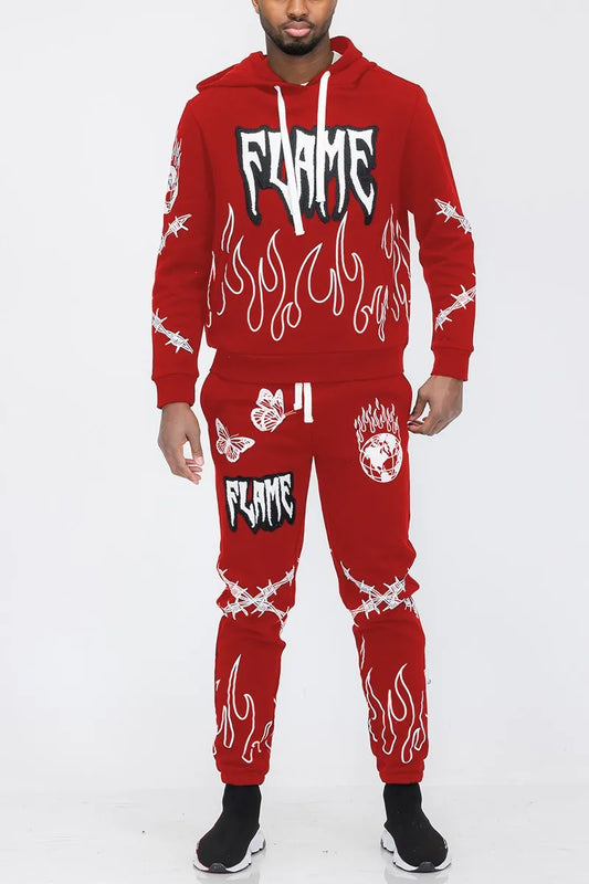  Men's Full Size Flame Fire Chenille Hoodie and Pants Set