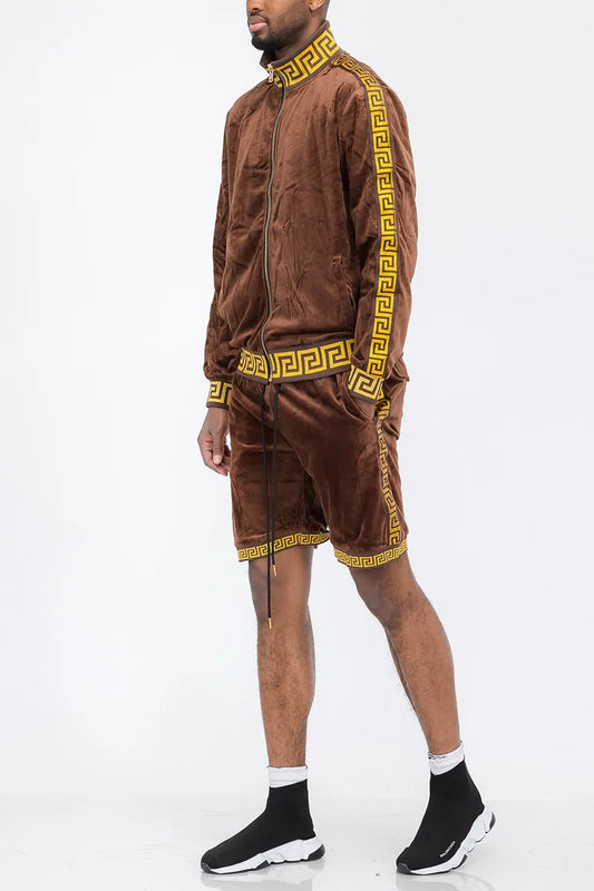 WEIV Men's Full Size Velour Zip Up Jacket and Shorts Set