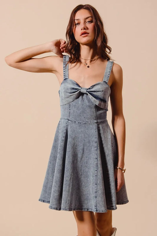 SO ME Mineral Washed Bow Ribbon Denim Flare Dress-