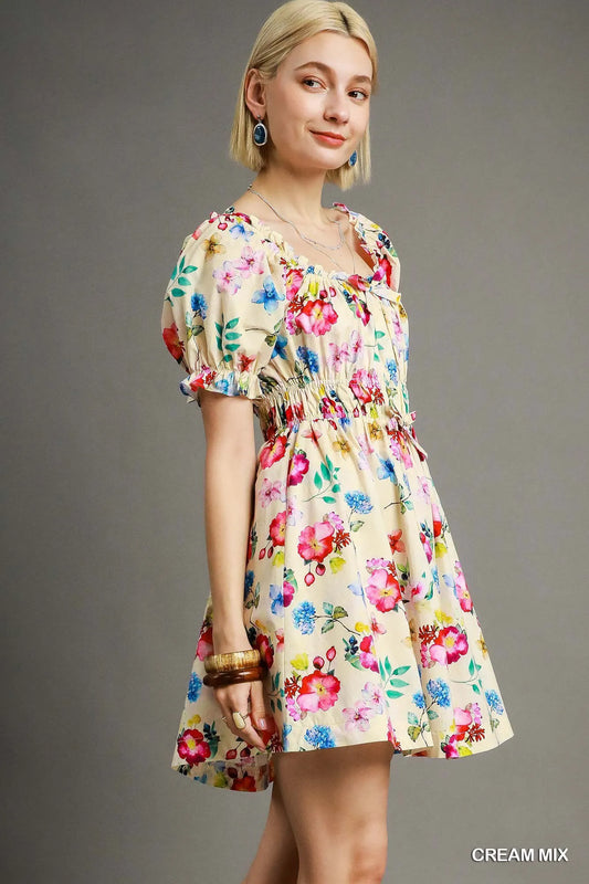 Umgee Floral Print Puff Sleeve Mini Dress-Get You Some Sun