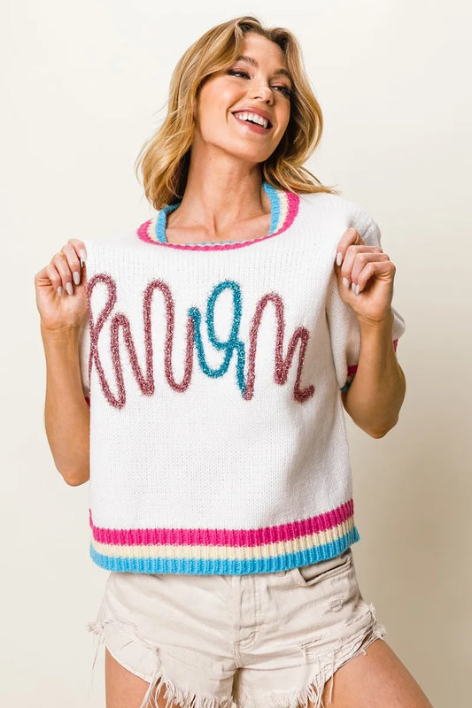 BiBi Metallic Letter Short Puff Sleeve Sweater-