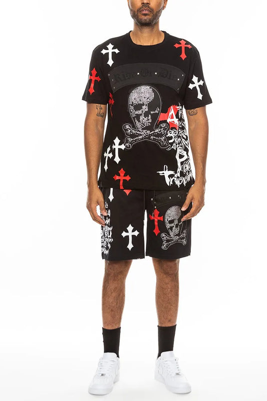  Men's  Cotton Print Chrome Cross Shirt and Short Set