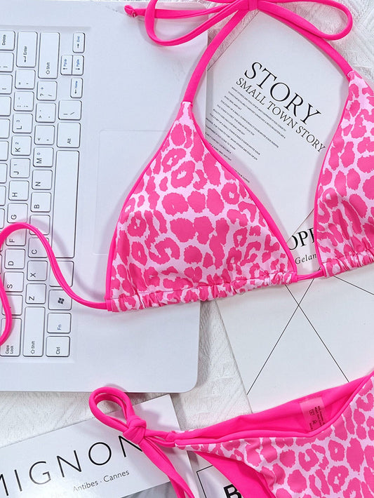 Leopard Print Halter Neck Tie Side Bikini Set-
