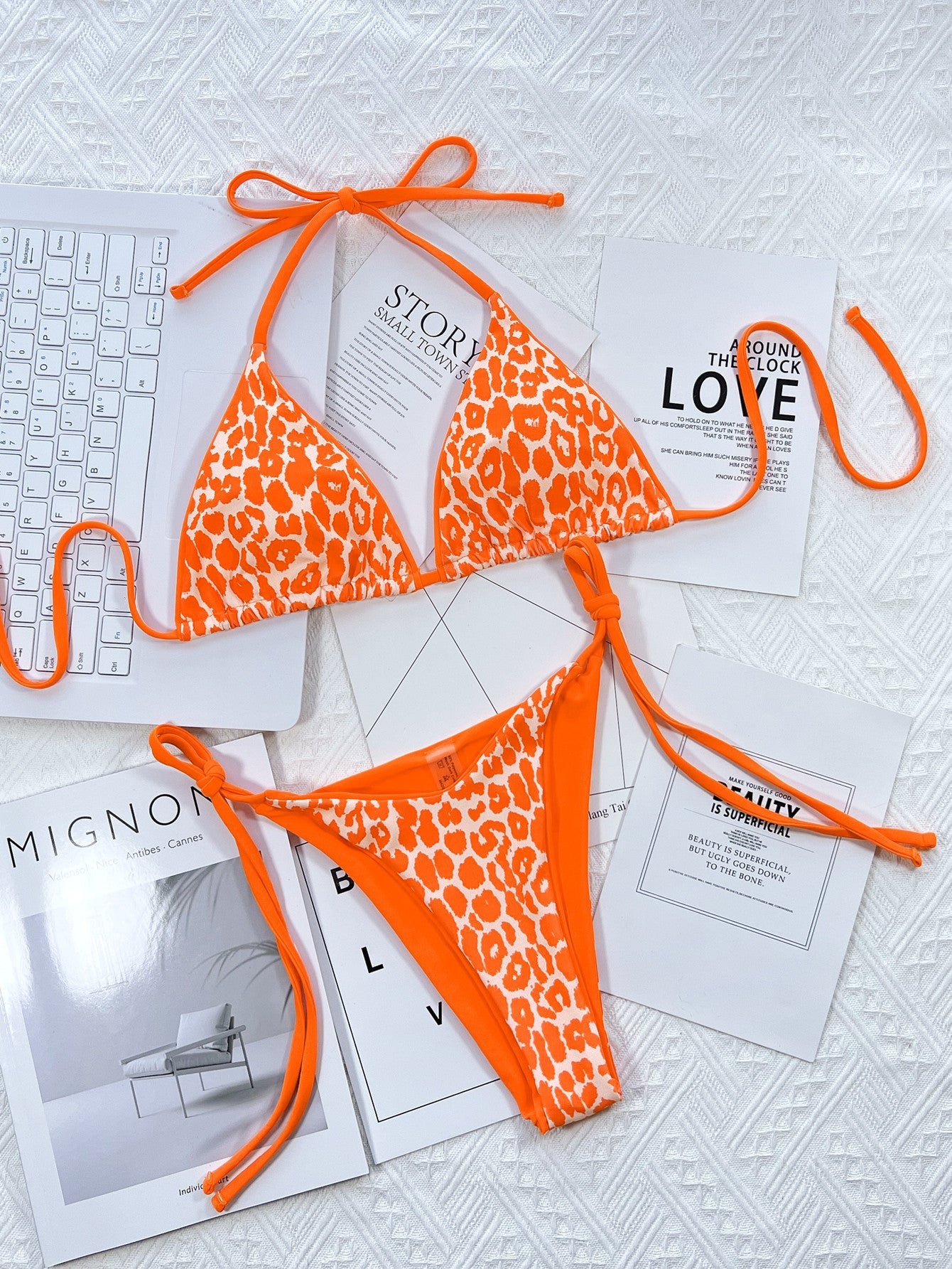 Leopard Print Halter Neck Tie Side Bikini Set-