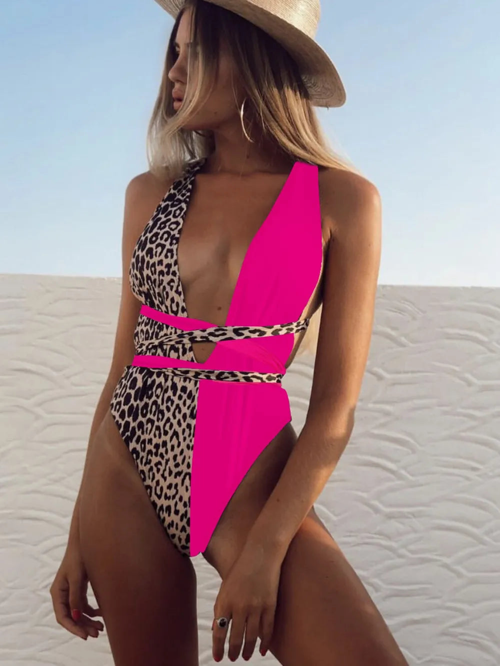 Tied Leopard Plunge One-Piece Swimwear-Get You Some Sun