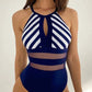 Mesh Detail Backless Striped One-Piece Swimsuit-