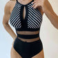 Mesh Detail Backless Striped One-Piece Swimsuit-