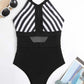 Mesh Detail Backless Striped One-Piece Swimsuit-