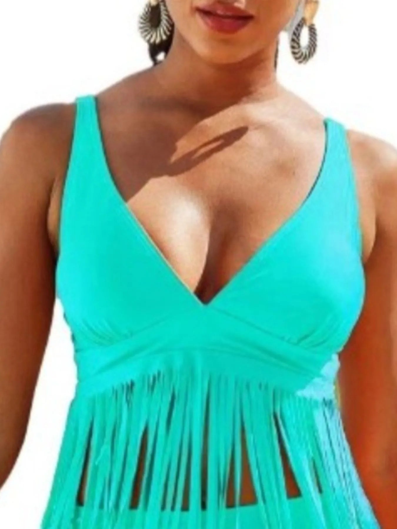Plus Size Fringe V-Neck Tankini Swim Set-Get You Some Sun
