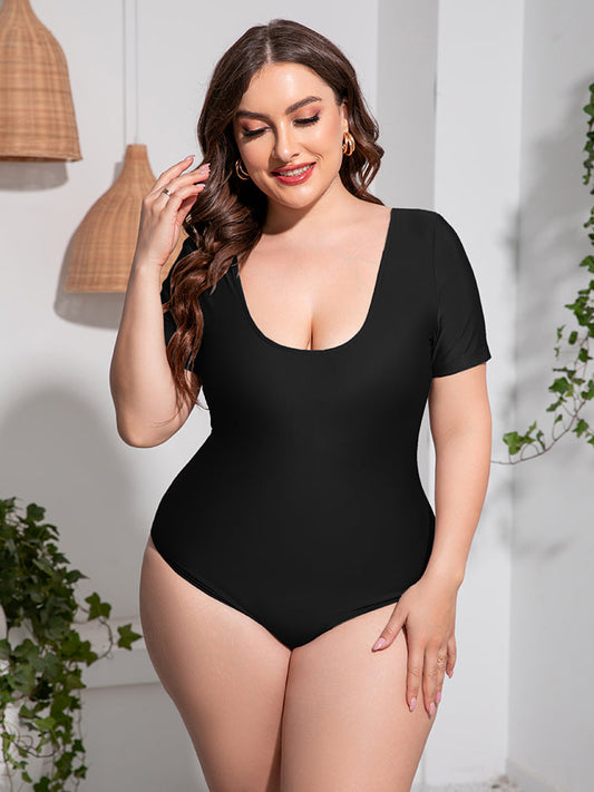 Plus Size Scoop Neck Short Sleeve One-Piece Swimsuit-