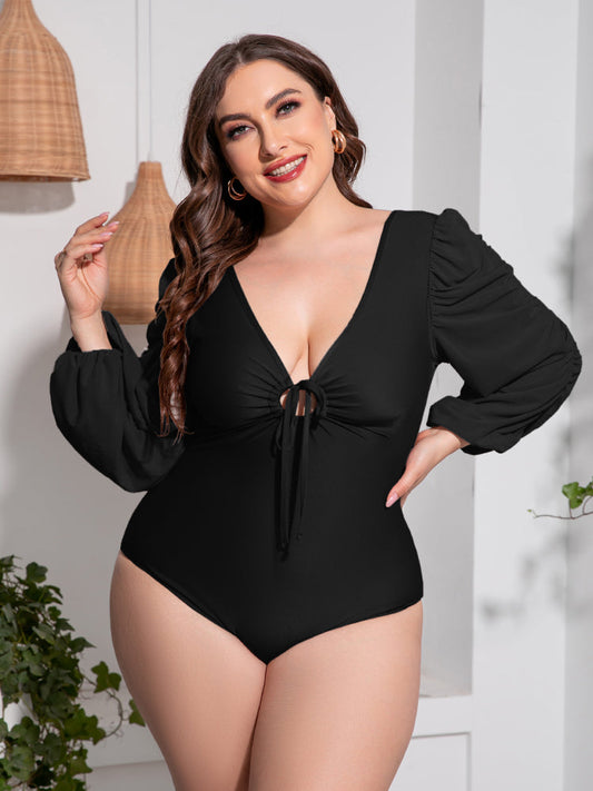 Plus Size Tied Deep V Balloon Sleeve One-Piece Swimsuit-