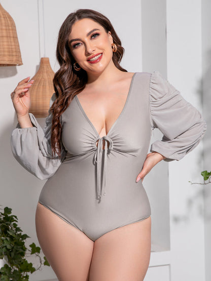Plus Size Tied Deep V Balloon Sleeve One-Piece Swimsuit-
