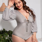 Plus Size Tied Deep V Balloon Sleeve One-Piece Swimsuit-